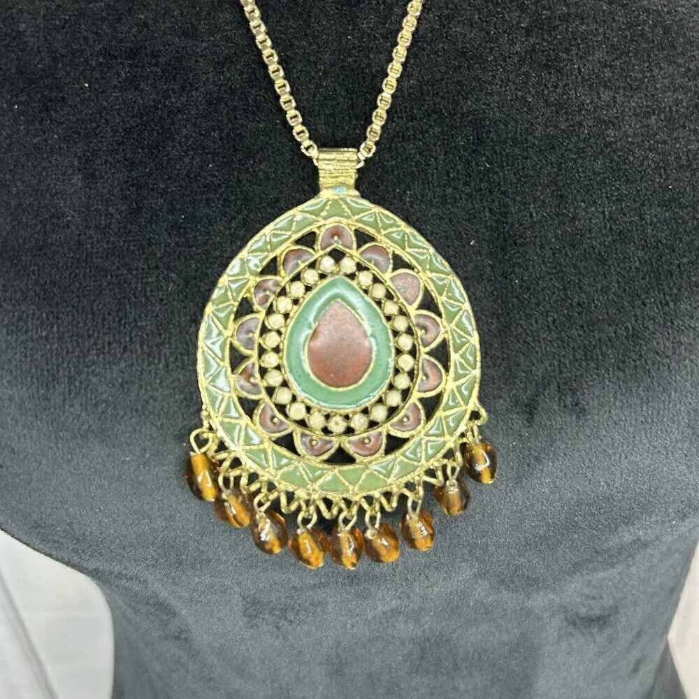 Vintage Gold Tone Pendant Statement Necklace Turquoise Amber Dangles 28